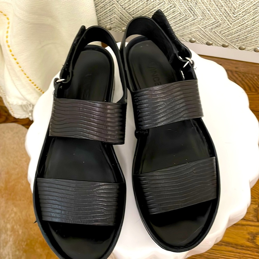 VINCE black leather double strap Velcro flatform sandal